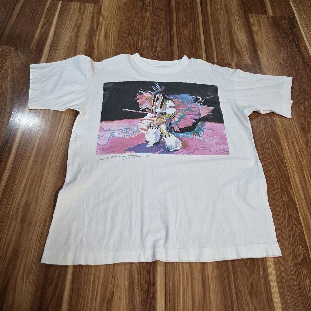Vintage Native American Dancer Shirt Mens Medium White Artwear 1990 Graphic Tee
